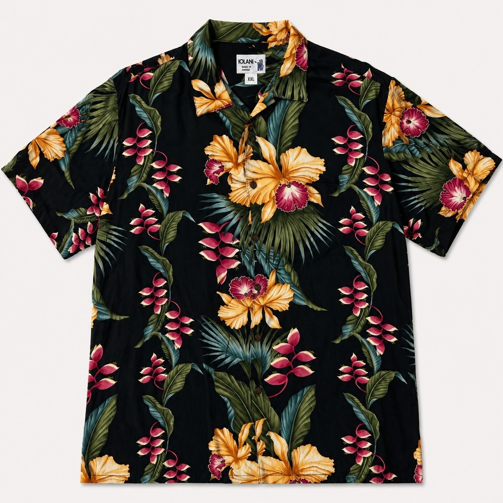 Vintage Iolani Hawaiian Shirt Mens XXL Black Floral Aloha Made In Hawaii Rayon